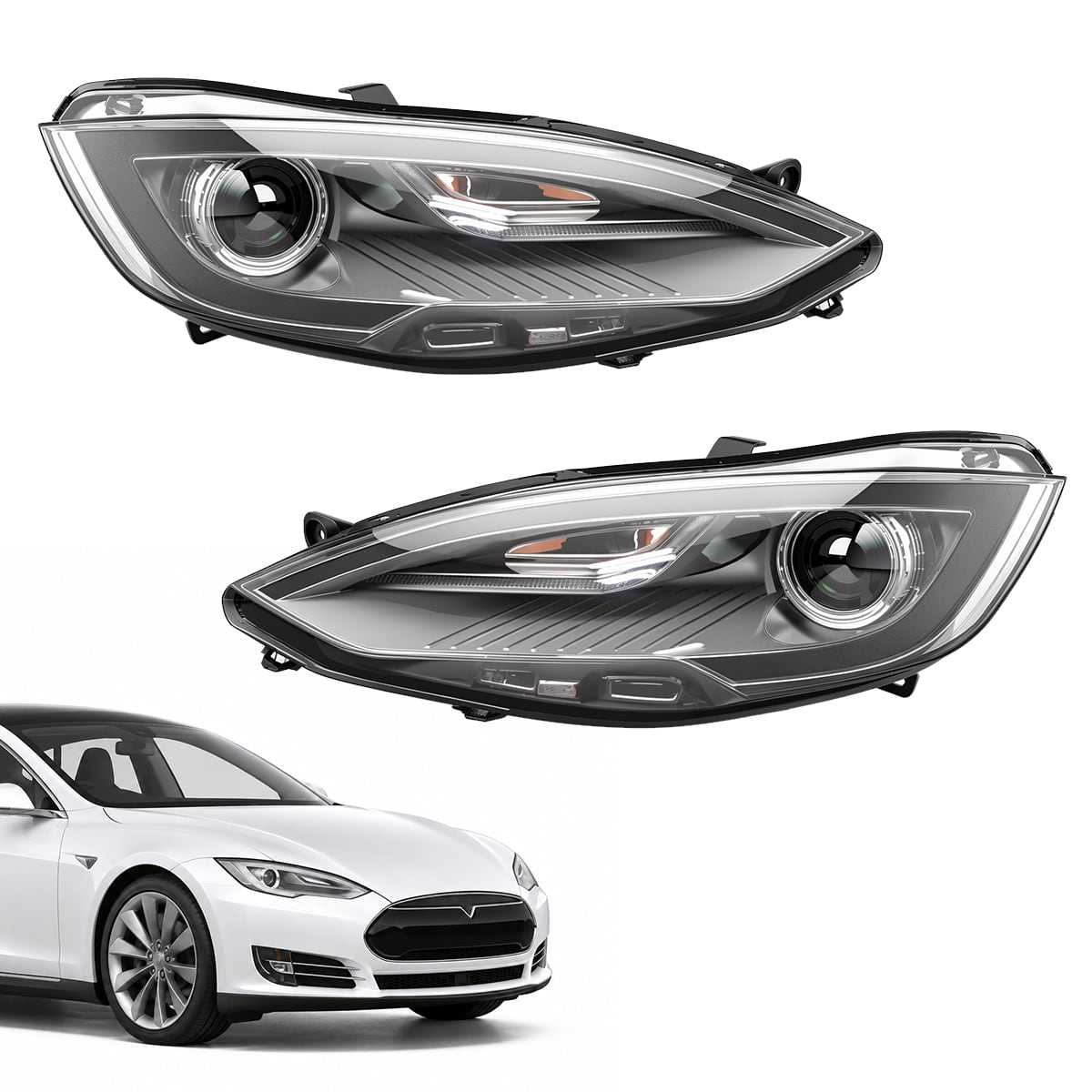 Pair of tapered projector-headlight assemblies above a white early Model S reference image.