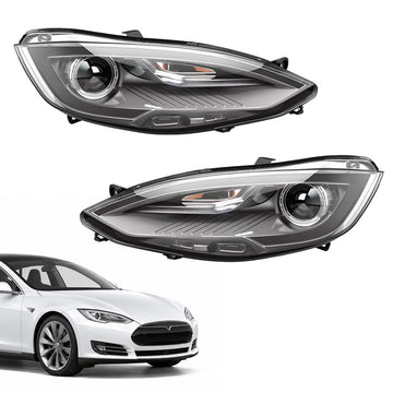 Pair of tapered projector-headlight assemblies above a white early Model S reference image.
