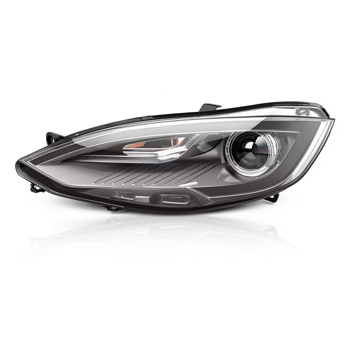 Single headlight assembly with its projector lens at the right side of the image.