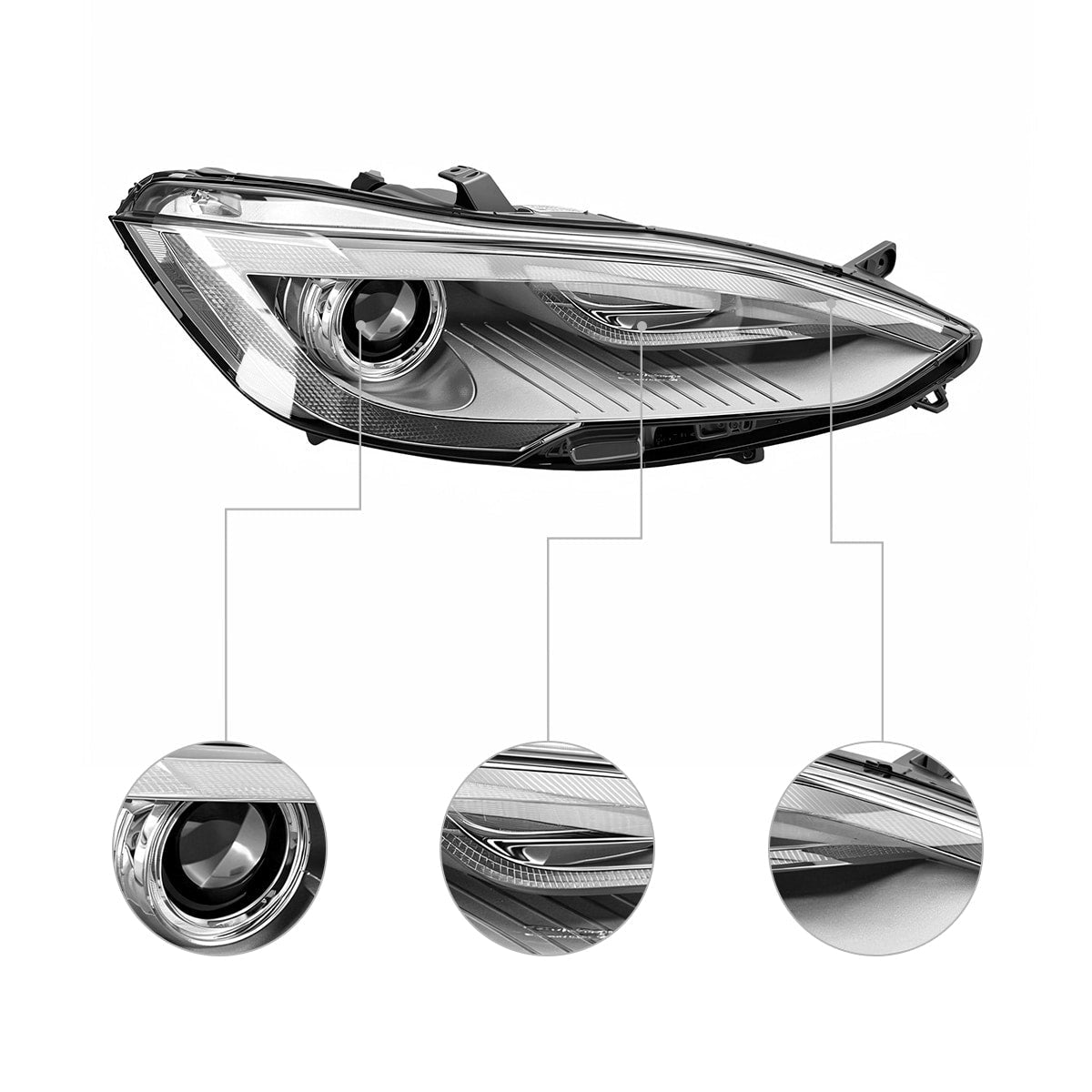 Headlight assembly with three circular close-ups of the projector and inner lens details.