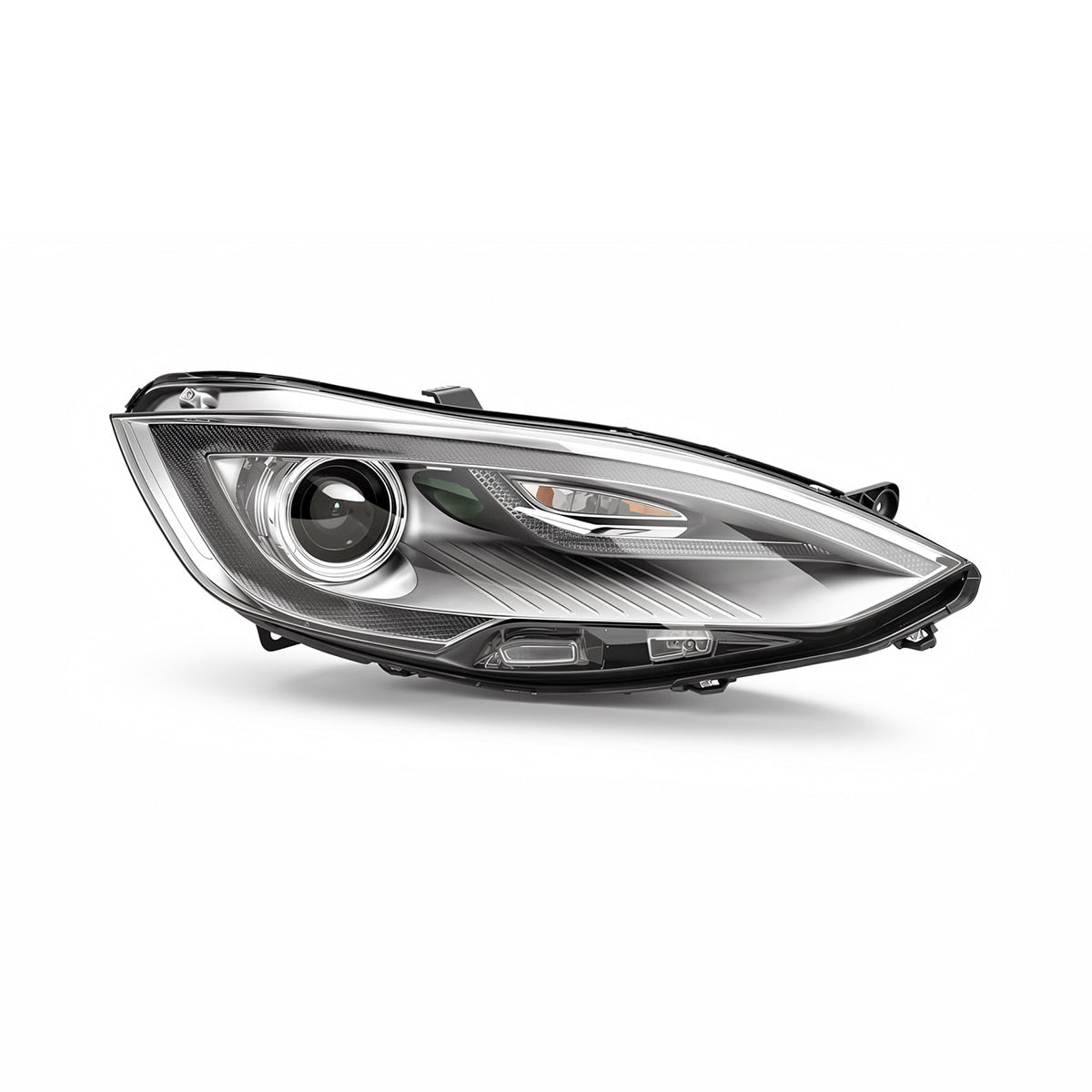 Front angled view of a projector headlight with black housing and silver inner trim.