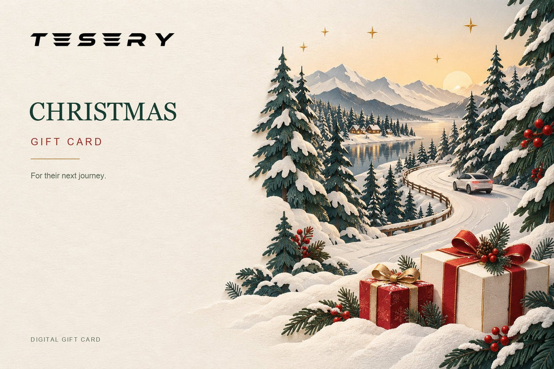TESERY Christmas digital gift card with a snowy mountain road, fir trees and wrapped presents.