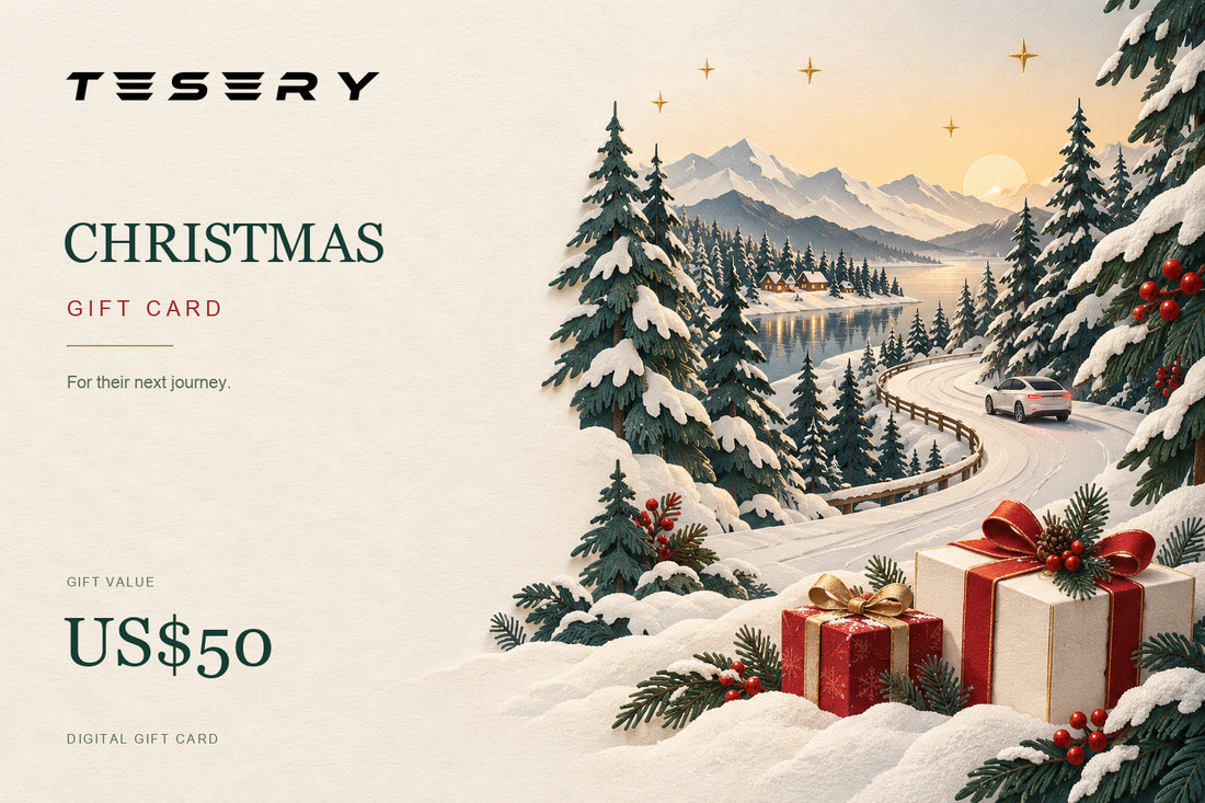 TESERY Christmas digital gift card with the official TESERY logo, snowy evergreen forest, winter road and red Christmas gifts
