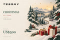 TESERY Christmas digital gift card with the official TESERY logo and US$500 gift value, snowy winter journey design