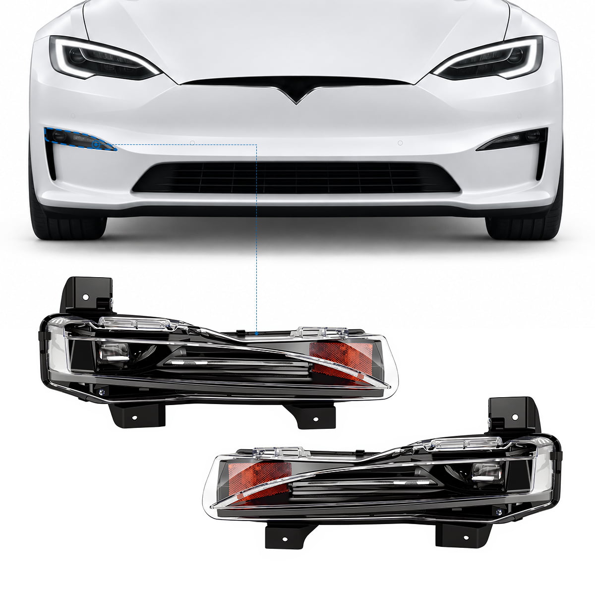 White sedan front with a lower bumper-light position marked above two mirrored light assemblies.