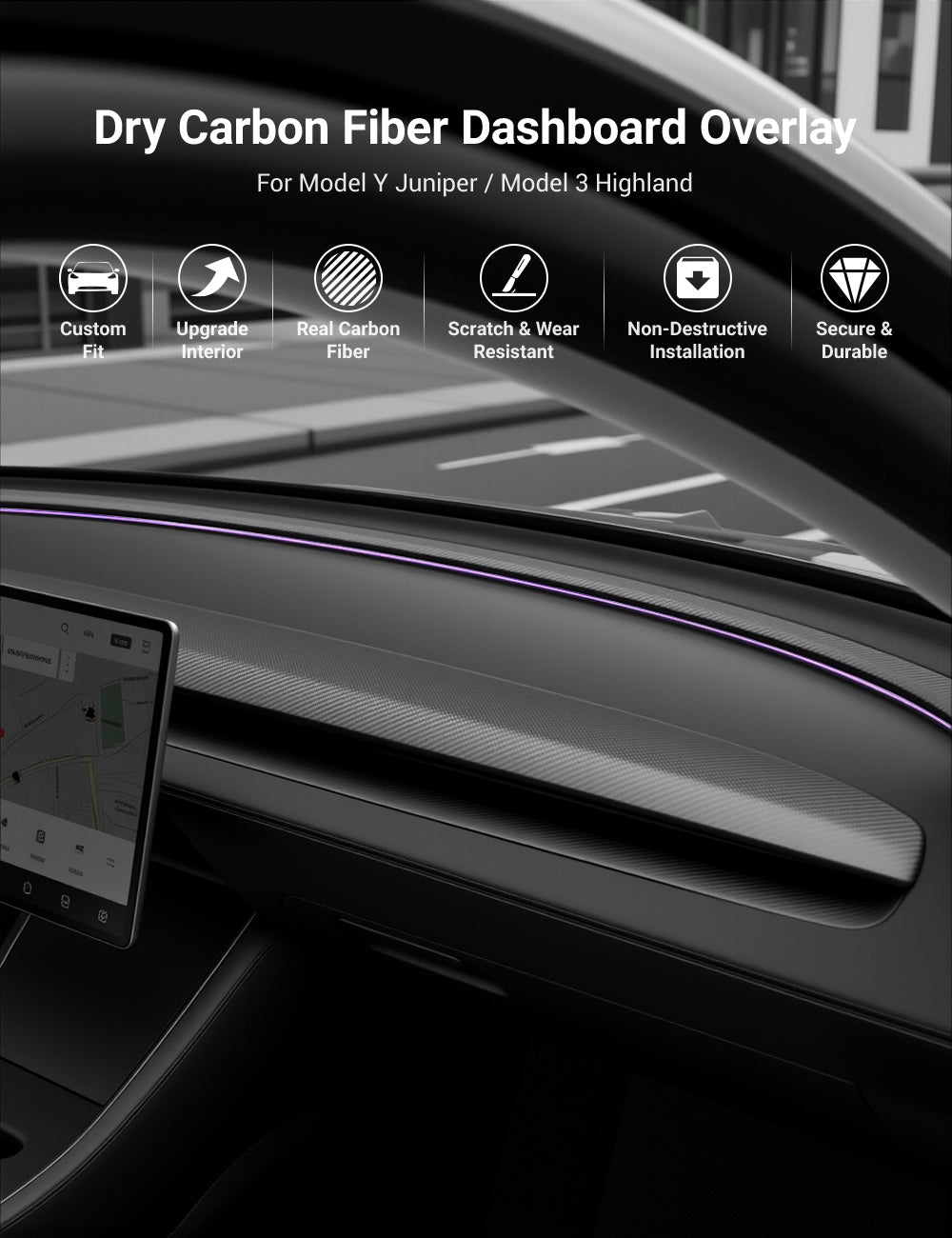 TESERY Real Dry Carbon Fiber Dashboard Cover Overlay for Model 3 Highland / Model Y Juniper - Tesery Official Store