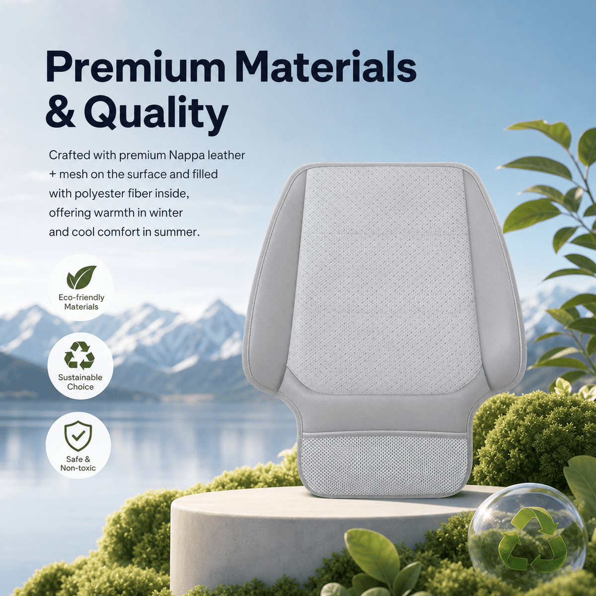 Material promotional illustration showing a white perforated ventilation cushion on a pedestal beside a mountain lake.