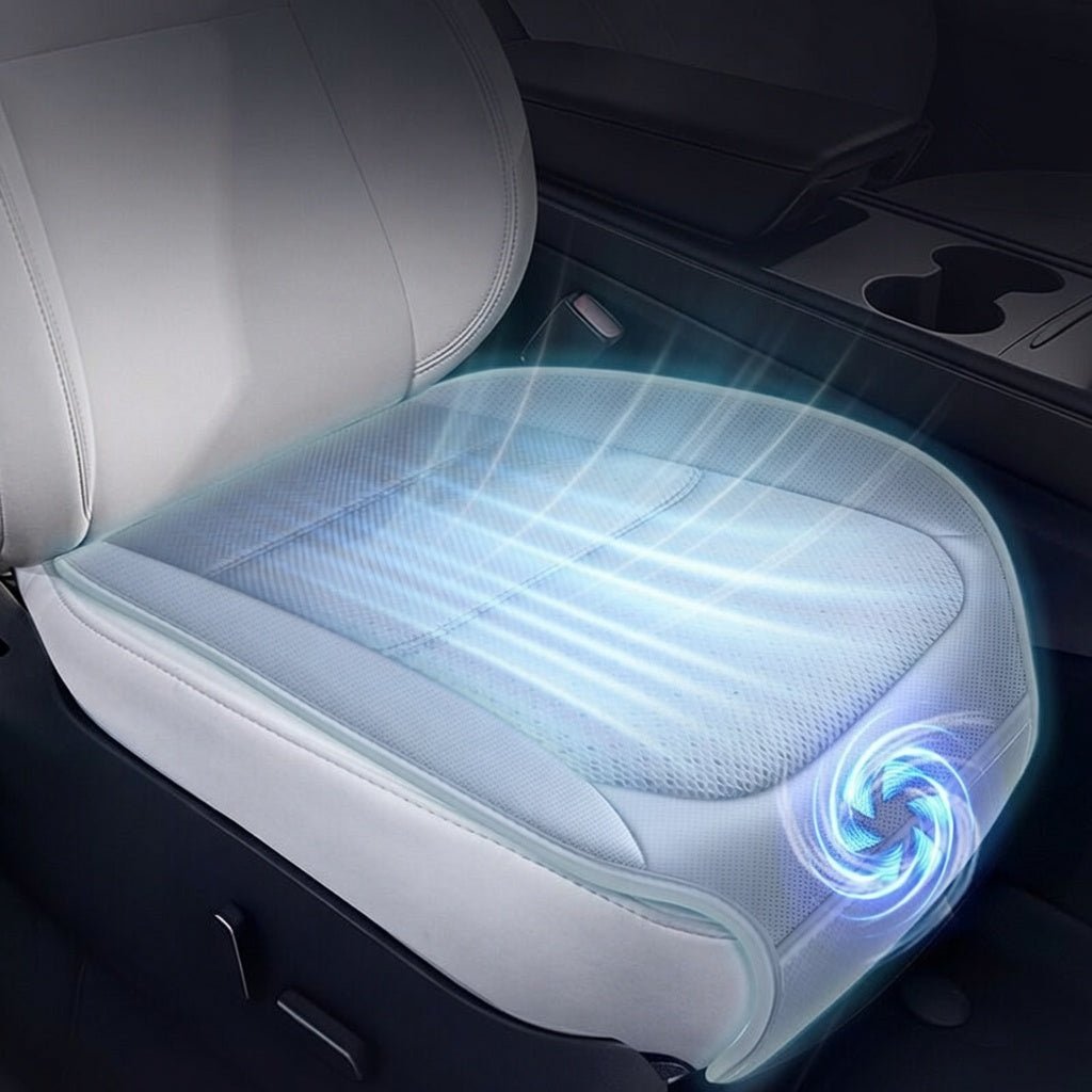 Ventilated seat-cushion illustration with a white perforated pad and blue airflow lines over the seat base.