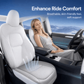 Cabin comfort illustration with white ventilated seat pads, rising airflow arrows and a reclining passenger.