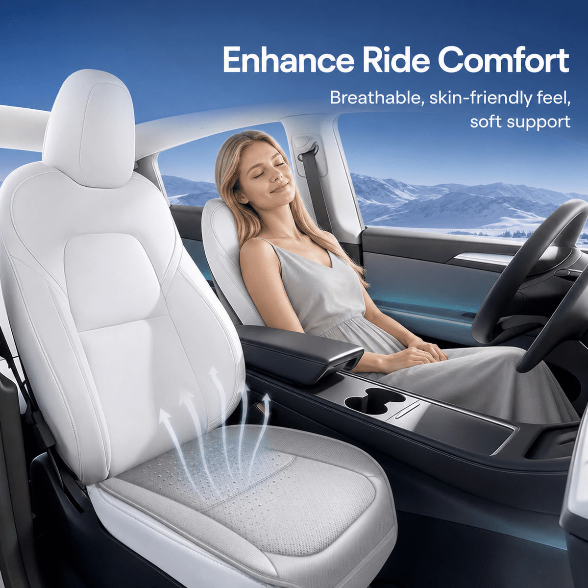 Cabin comfort illustration with white ventilated seat pads, rising airflow arrows and a reclining passenger.