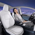 Tesla cabin illustration showing white perforated seat pads and a resting passenger beside a snowy mountain view.