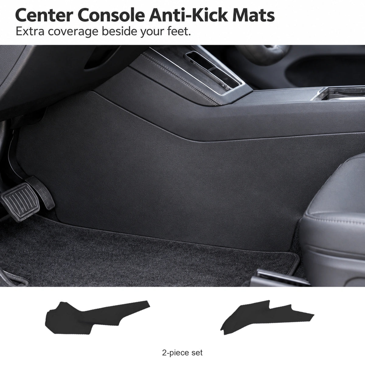 Black anti-kick mat fitted beside the Tesla Model Y Juniper center console, with the two included console-side mats shown below.