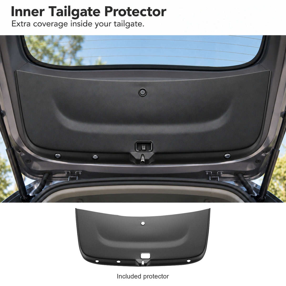 Black inner tailgate protector fitted to an open Tesla Model Y Juniper hatch, with the included leather-texture TPE protector below.