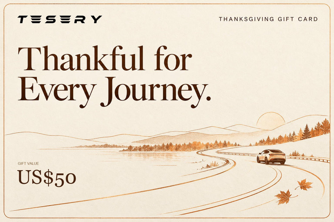 TESERY Thanksgiving digital gift card with autumn leaves, a lakeside mountain road and the words Thankful for Every Journey.