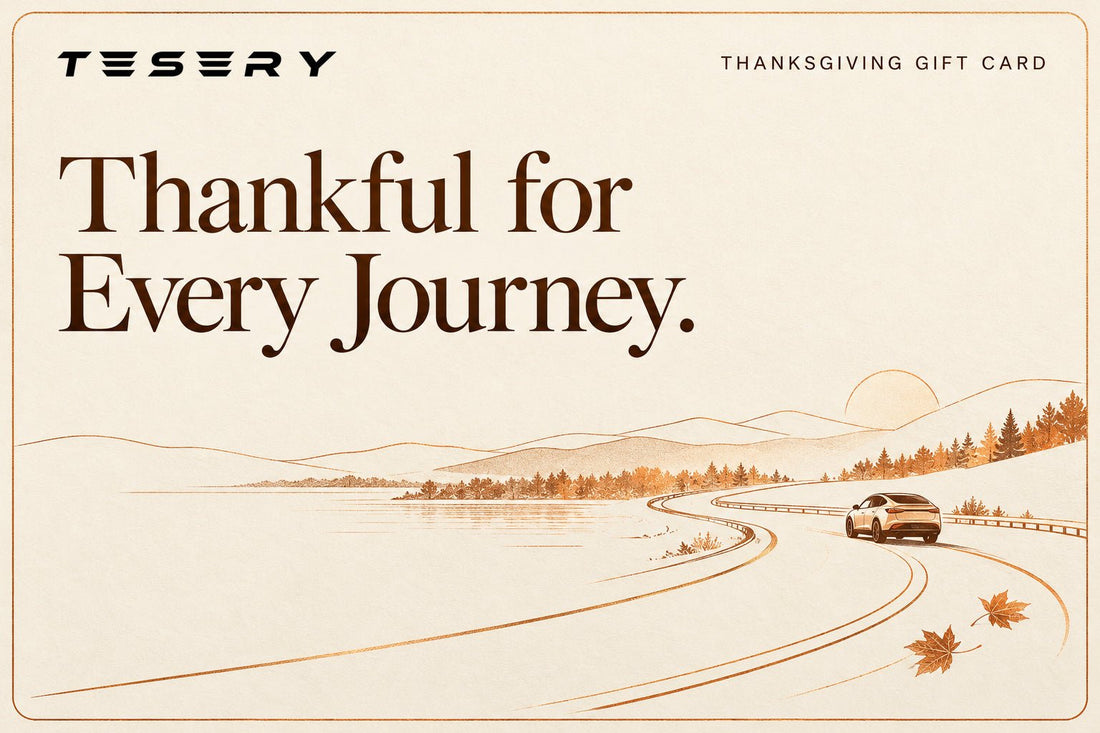 TESERY Thanksgiving digital gift card with autumn leaves, a lakeside mountain road and the words Thankful for Every Journey.