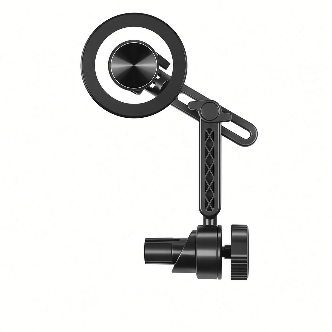 Black magnetic door phone mount with circular head, slotted adjustable arm and rotary clamp on a white background.