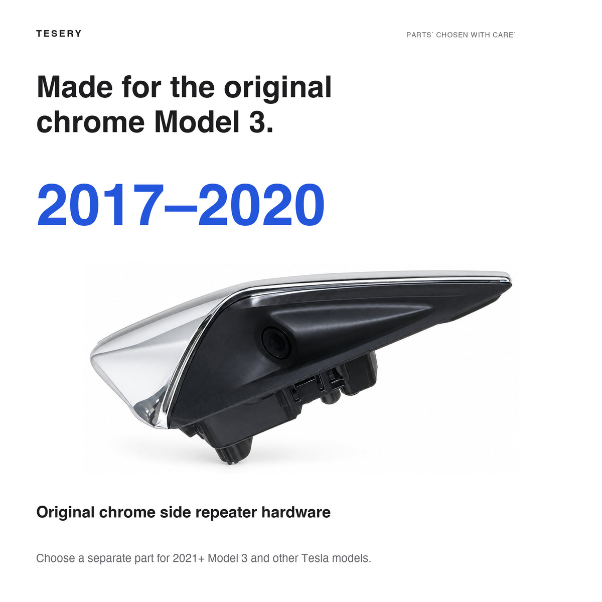 Fitment guide for original chrome side repeater cameras on 2017–2020 Tesla Model 3