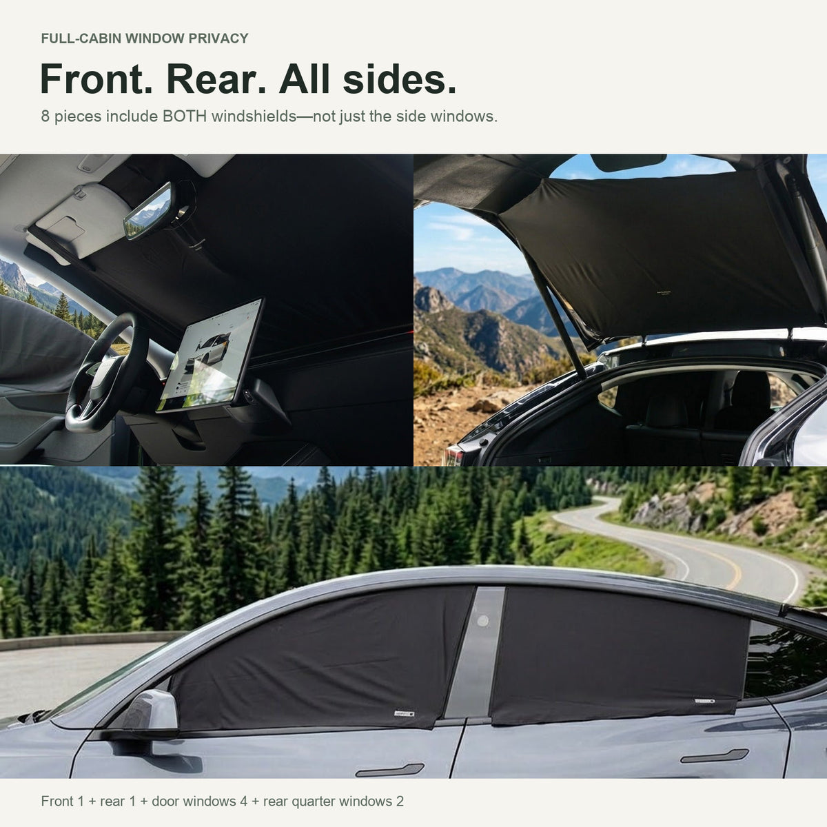 Front windshield, rear windshield and all side glass shown in actual NovaPads product photos; eight window pieces, roof shade separate