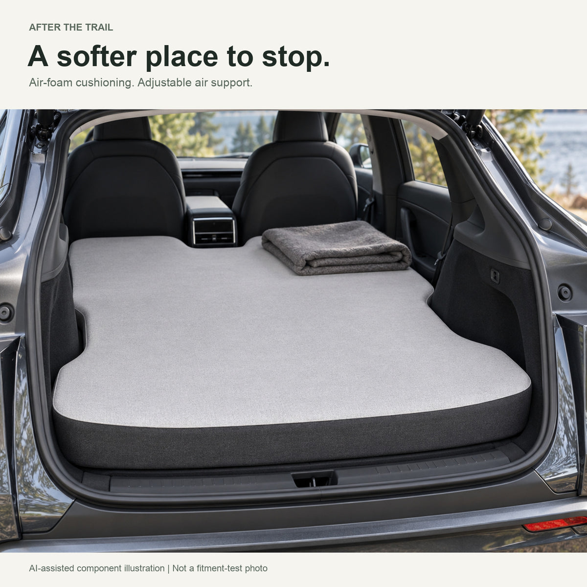 AI-assisted illustration of the NovaPads gray air-foam mattress and dark sidewall in a parked cabin