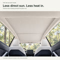 Beige two-section glass-roof sunshade with AI-assisted woodland lighting; passive shading, not active cooling