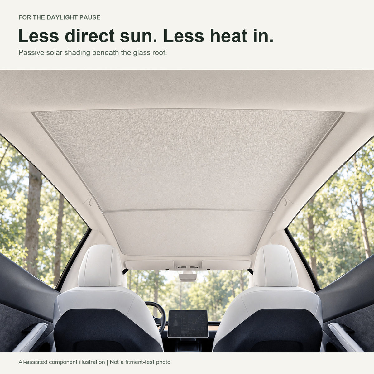 Beige two-section glass-roof sunshade with AI-assisted woodland lighting; passive shading, not active cooling