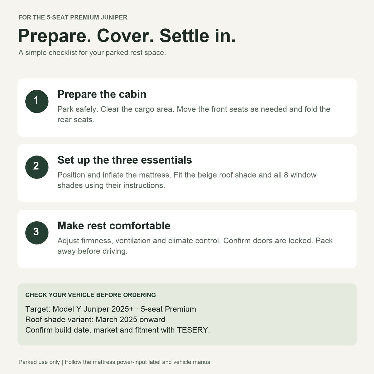 Three-step parked sleep setup and vehicle check for the intended five-seat Model Y Juniper Premium configuration
