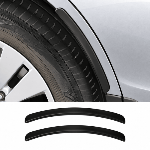 Pair of black wheel arch protector strips shown beside a strip fitted above a car tire